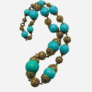 Antique Art Deco Green Czech Glass Filigree Bead Necklace